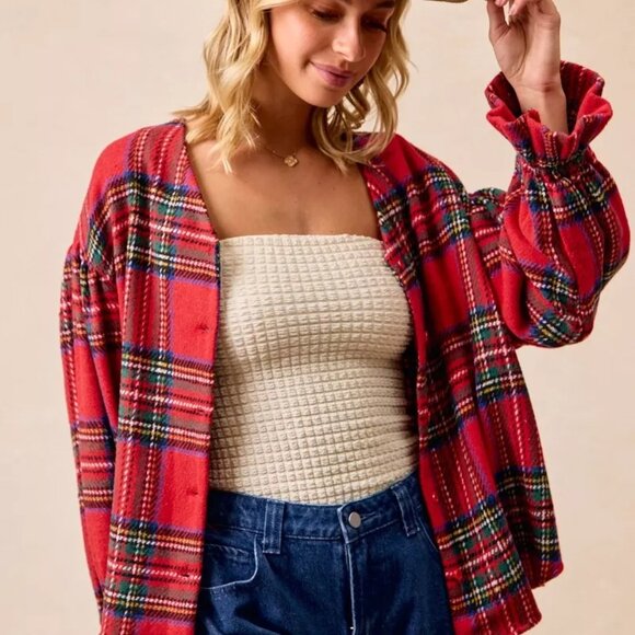 BiBi Christmas Plaid V-Neck Flounce Sleeve Jacket - Picture 5 of 15